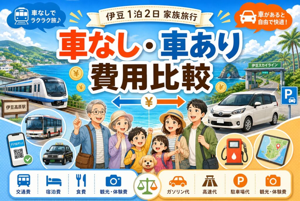 伊豆1泊2日の車なし費用はいくら？車あり旅行と人数別に比較
