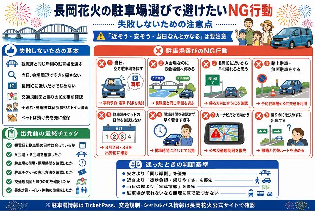 長岡花火の駐車場選びで避けたいNG行動|失敗しないための注意点