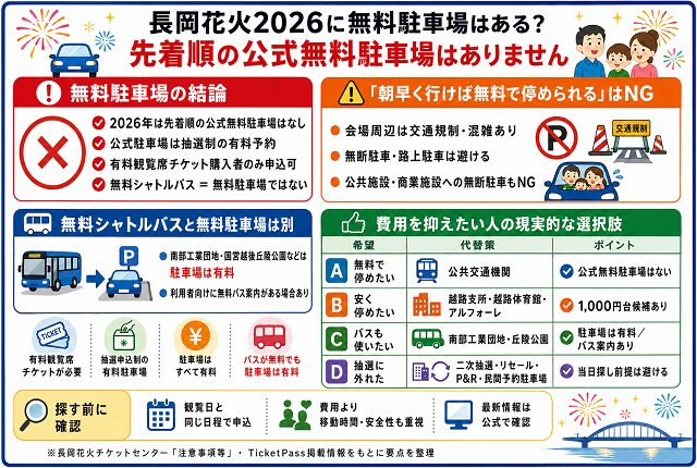 長岡花火2026に無料駐車場はある?先着順の公式無料駐車場はありません
