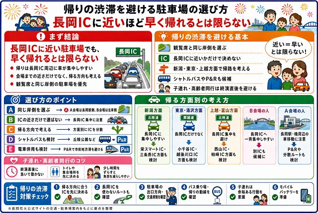 帰りの渋滞を避ける駐車場の選び方|長岡ICに近いほど早く帰れるとは限らない