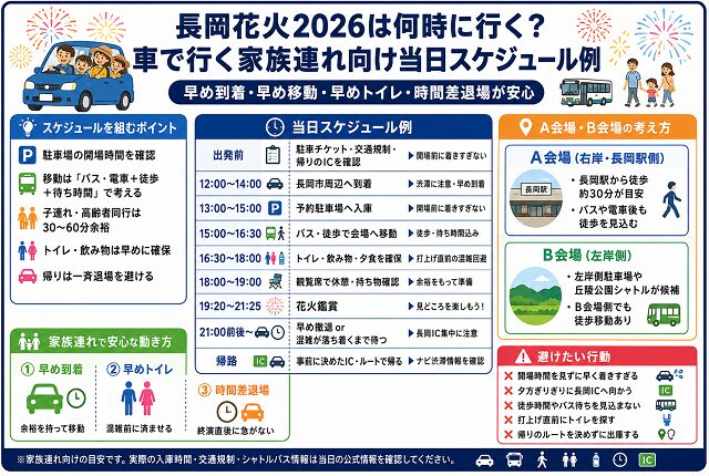 長岡花火2026は何時に行く?車で行く家族連れ向け当日スケジュール例