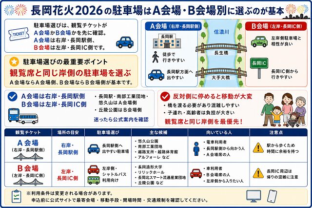 長岡花火2026の駐車場はA会場・B会場別に選ぶのが基本