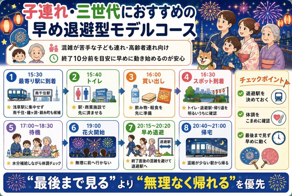 子連れ・三世代におすすめの早め退避型モデルコース