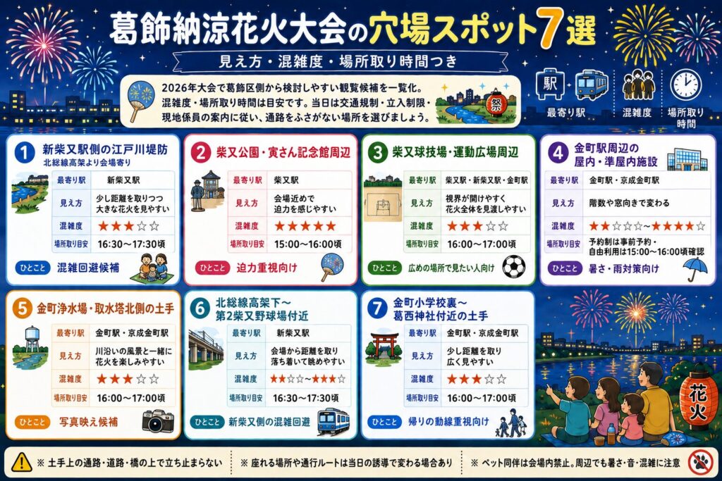 葛飾納涼花火大会の穴場スポット7選【見え方・混雑度・場所取り時間つき】