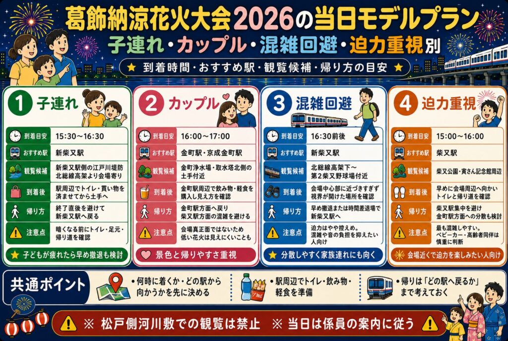 葛飾納涼花火大会2026の当日モデルプラン|子連れ・カップル・混雑回避別