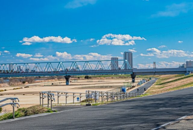 新柴又駅側の江戸川堤防・北総線高架より会場寄り