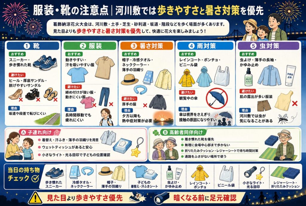 服装・靴の注意点|河川敷では歩きやすさと暑さ対策を優先