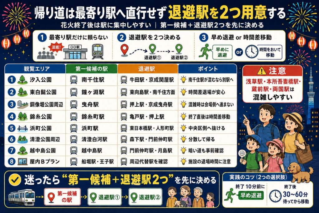 帰り道は最寄り駅へ直行せず退避駅を2つ用意する