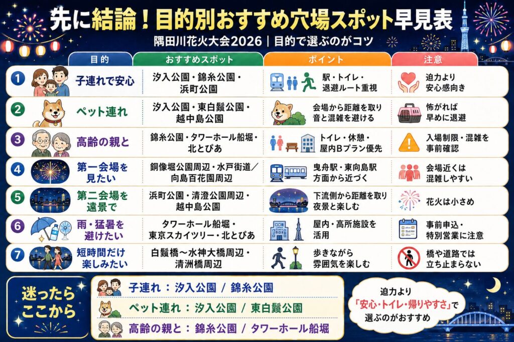 先に結論!目的別おすすめ穴場スポット早見表