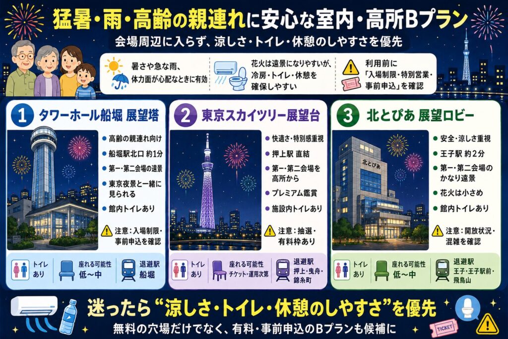 猛暑・雨・高齢の親連れに安心な室内・高所Bプラン