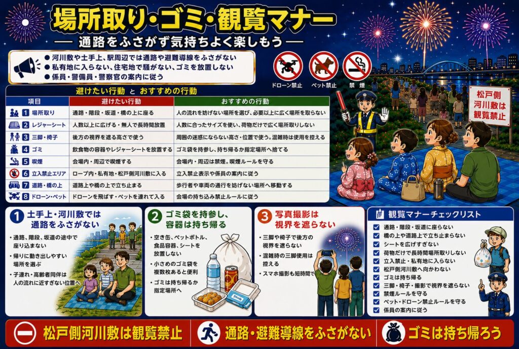 場所取り・ゴミ・観覧マナー|通路をふさがず気持ちよく楽しもう