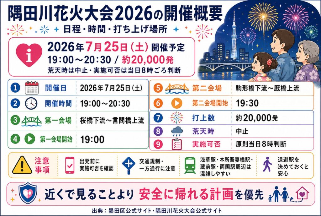 隅田川花火大会2026の開催概要|日程・時間・打ち上げ場所