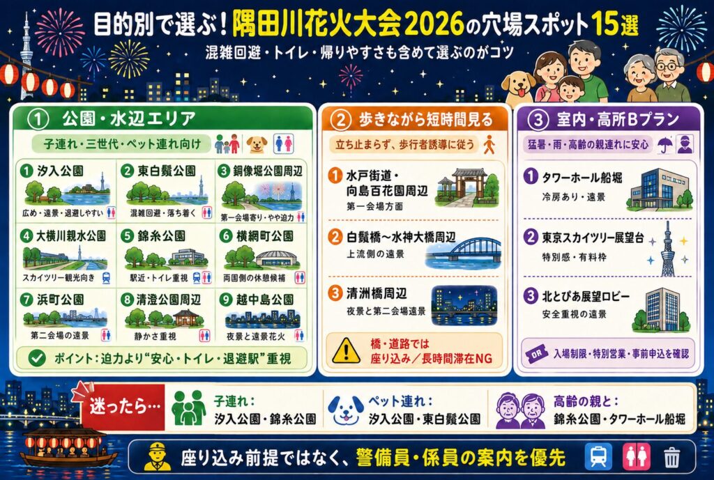 目的別で選ぶ!隅田川花火大会2026の穴場スポット15選